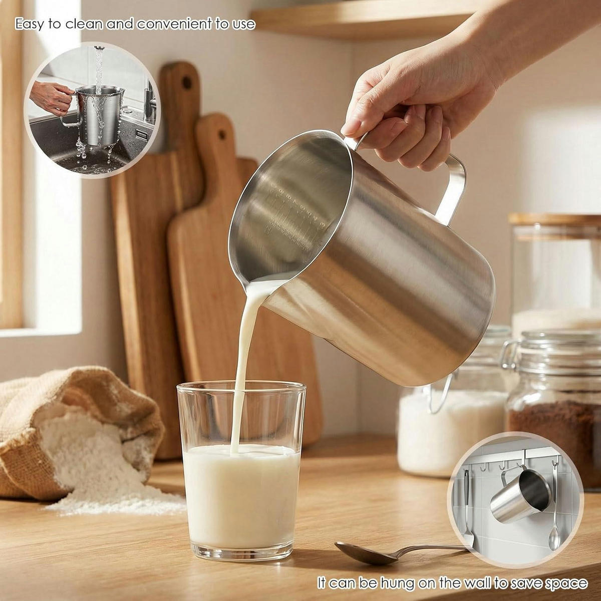 MESSBECHER Edelstahl 2000 ml mit Feinskala und Griff - Silberfarben, Metall (2L)
