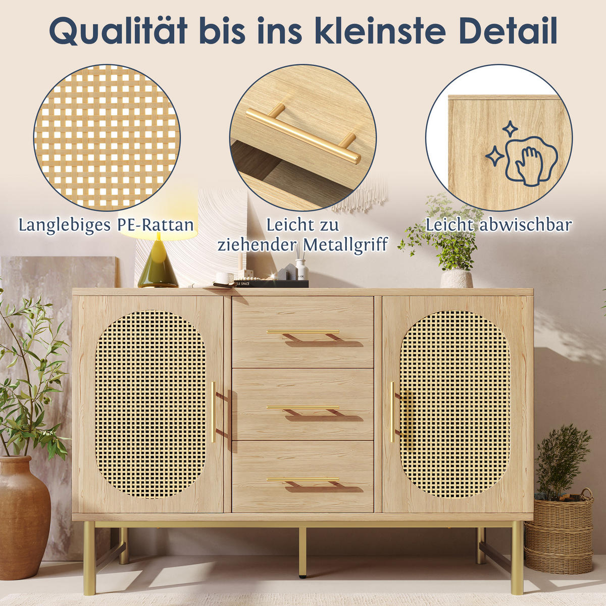 SIDEBOARD mit Rattan-Türen, 100x40x60 cm - Eiche San Remo, Holzwerkstoff/Metall (120/74/40cm) - Urban Meuble