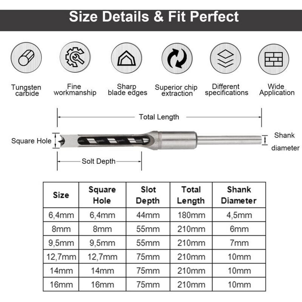 BOHRER – 6 Stück – Vierkant – Größen 6,4/8/9,5/12,7/14/16 mm - Silberfarben, Metall (1.9/1/20cm) - DCA