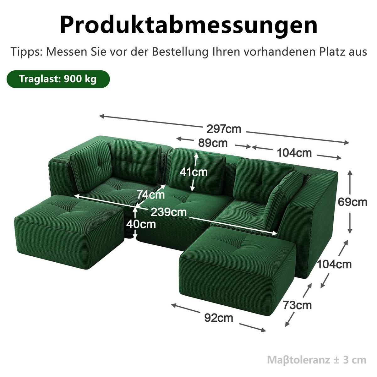 WOHNLANDSCHAFT DE-34220 3-Sitzer mit Ottomane Grün - Grün, Textil (177/69/297cm) - ComfortXL