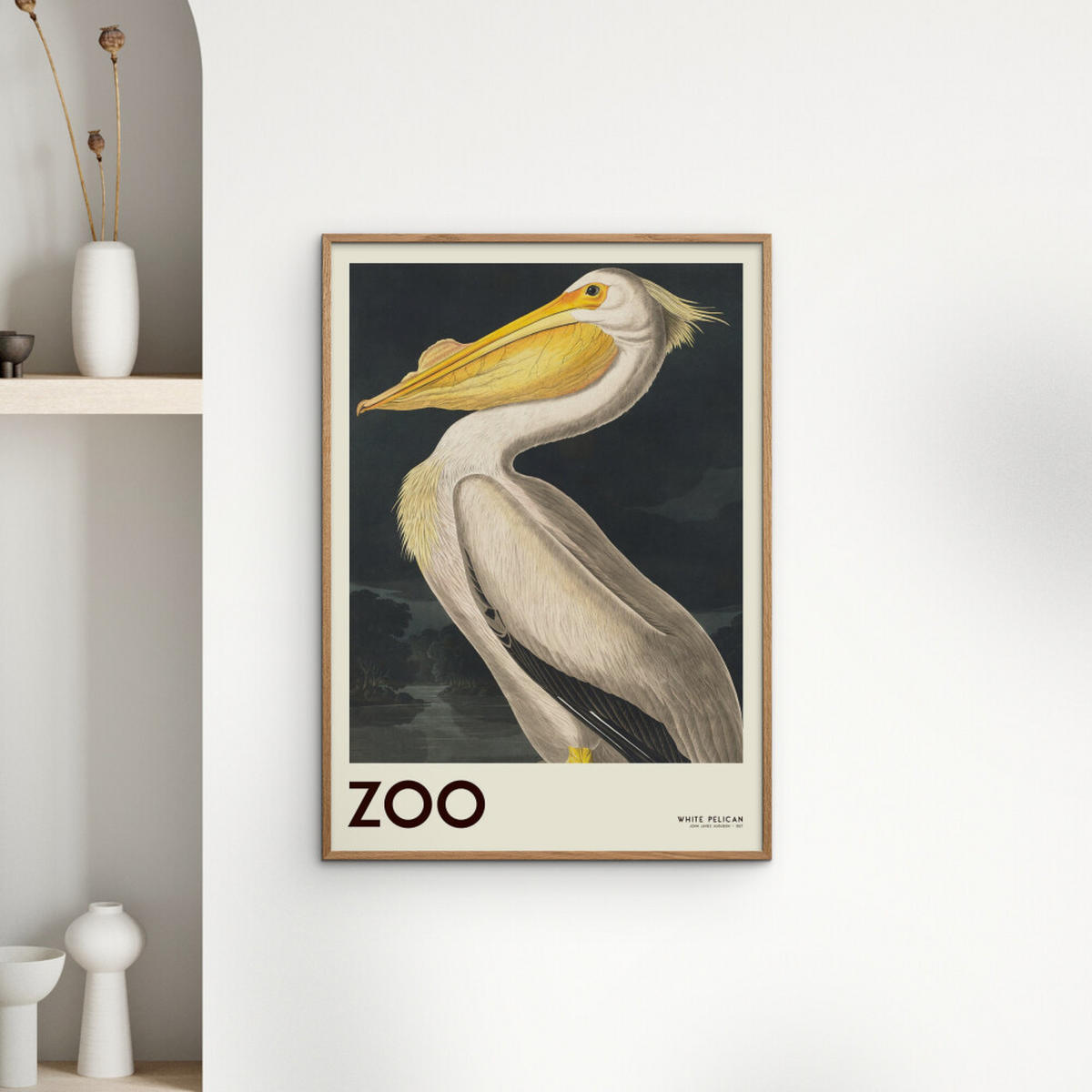 POSTER mit Rahmen A.P. Atelier - The Zoo Collection — White Pelican — Edt. 001 - Pink/Eichefarben, Holz/Papier (70/100cm) - Poster&Frame