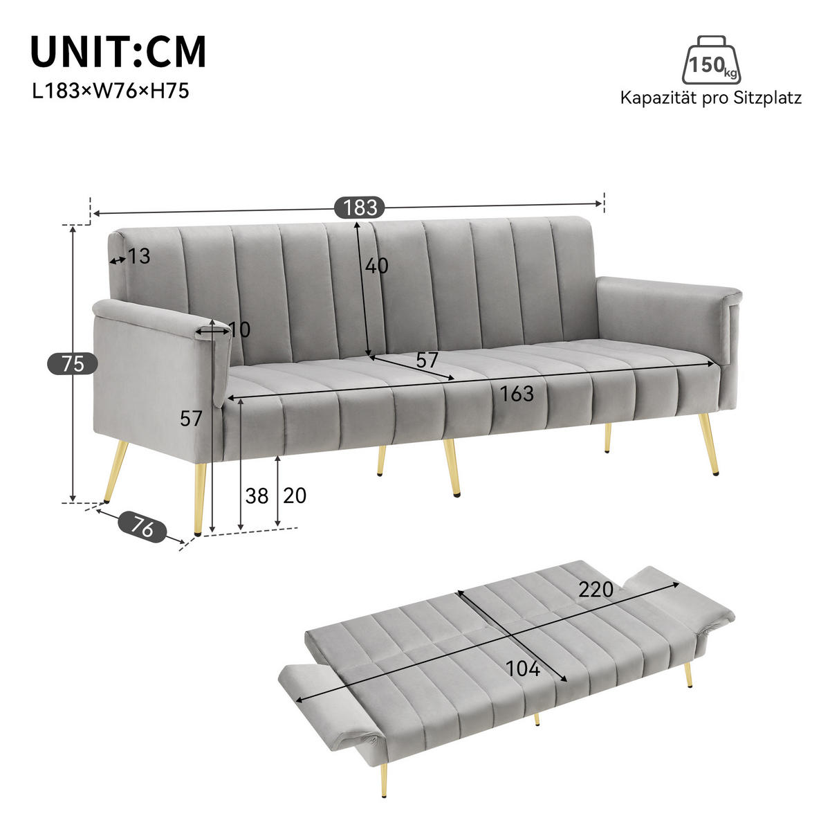SCHLAFSOFA, Samt mit verstellbarer Rückenlehne & Armlehnen, 183/76/75 cm, Grau - Grau, Textil (76/75/183cm) - Redom