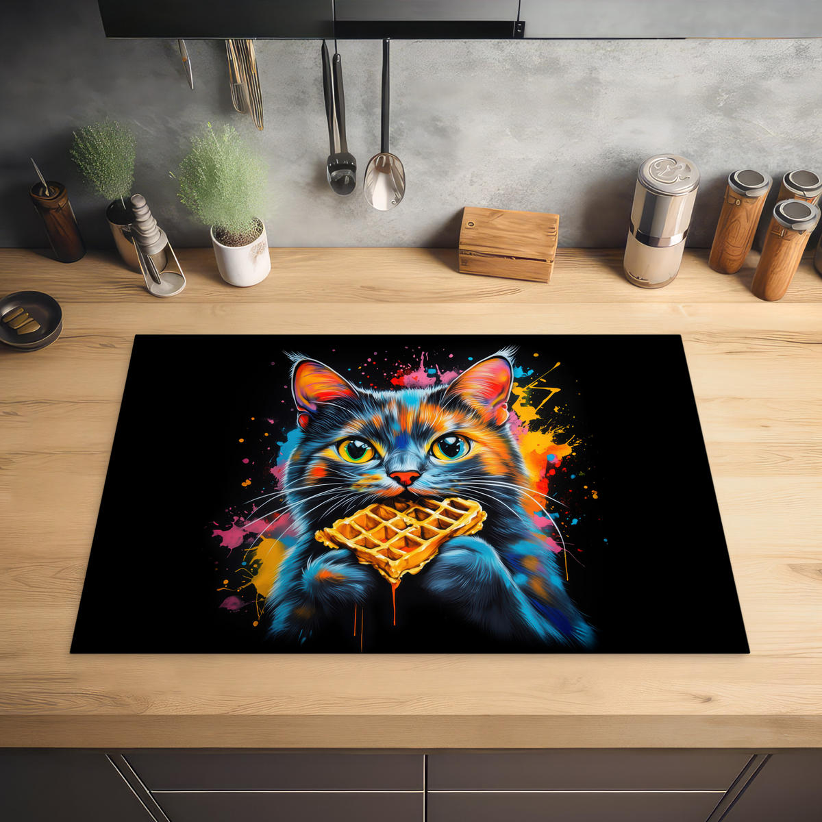 HERDABDECKPLATTE Katze - Graffiti - Bunt - Waffel - Essen Induktionsmatte 77x51 cm - Multicolor, Kunststoff (77/51/0.2cm) - MuchoWow