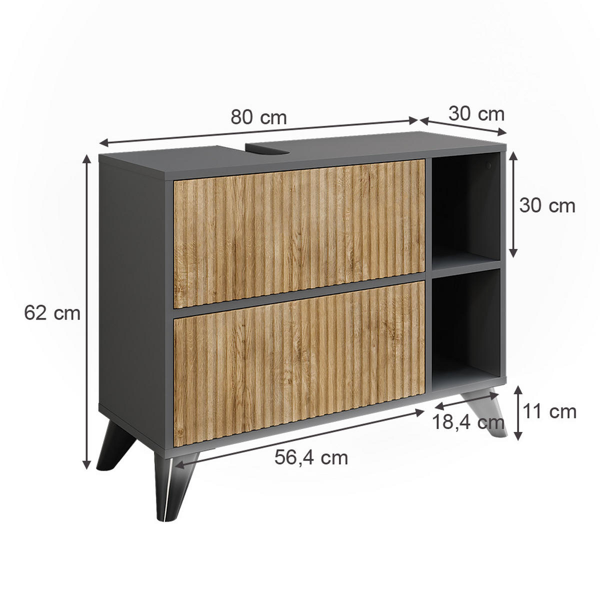 WASCHBECKENUNTERSCHRANK Leano Anthrazit/Bergeiche 80 x 62 cm mit 2 Schubladen - Anthrazit, Holzwerkstoff (80/62/30cm) - Vicco