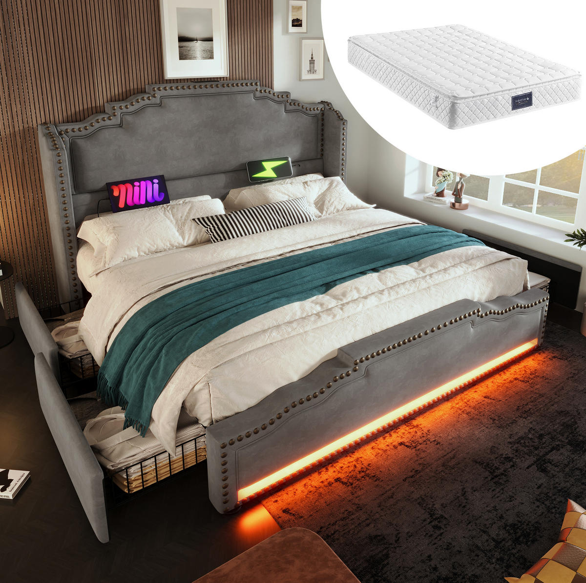 POLSTERBETT 140/200 cm Grau aus Samt mit LED, USB-C, 4 Schubladen und Matratze - Grau, Textil (140/200cm) - OKMYHOME