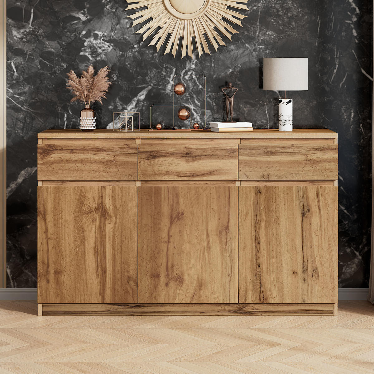 SIDEBOARD DE-37719 mit 3 Türen und 3 Schubladen Holzfarbe - Naturfarben, Holzwerkstoff (135/81/40cm) - ComfortXL