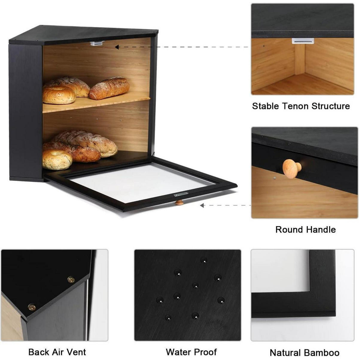 BROTKASTEN 2 Etagen Schwarz 32 x 32 x 34 cm - Schwarz, Naturmaterialien (32/34/32cm)