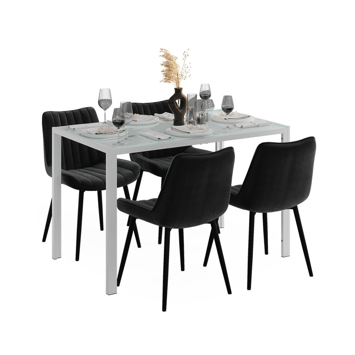 JÍDELNÍ STŮL SESTAVA Grand, Bílá, 120 x 70 cm se 4 židlemi (černé) - bílá, sklo (120/74.5/70cm) - Vicco