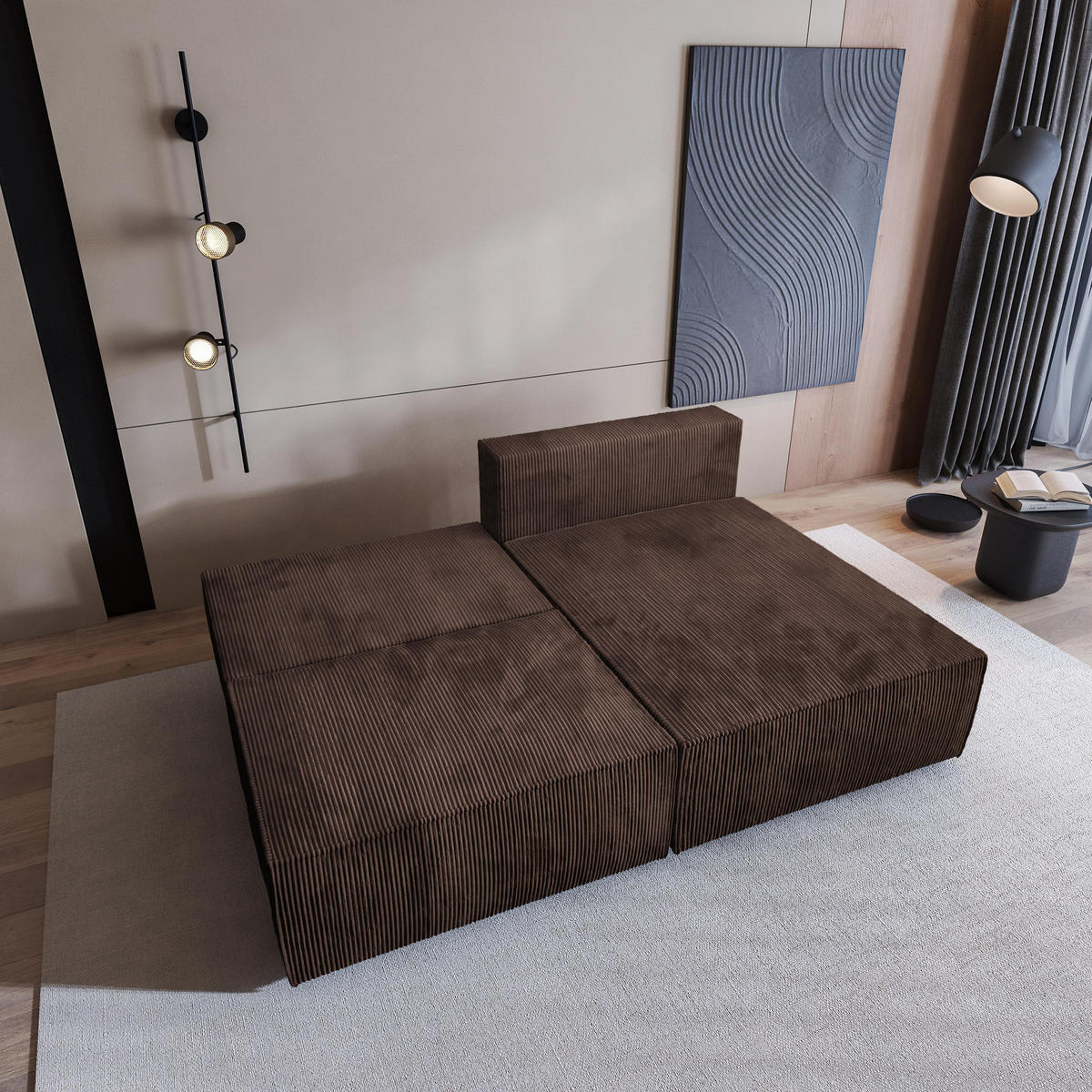 ECKSOFA FIORO P Braun Kordstoff mit Schlaffunktion - Braun/Grau, Holz/Kunststoff (204/148cm) - MASSENO
