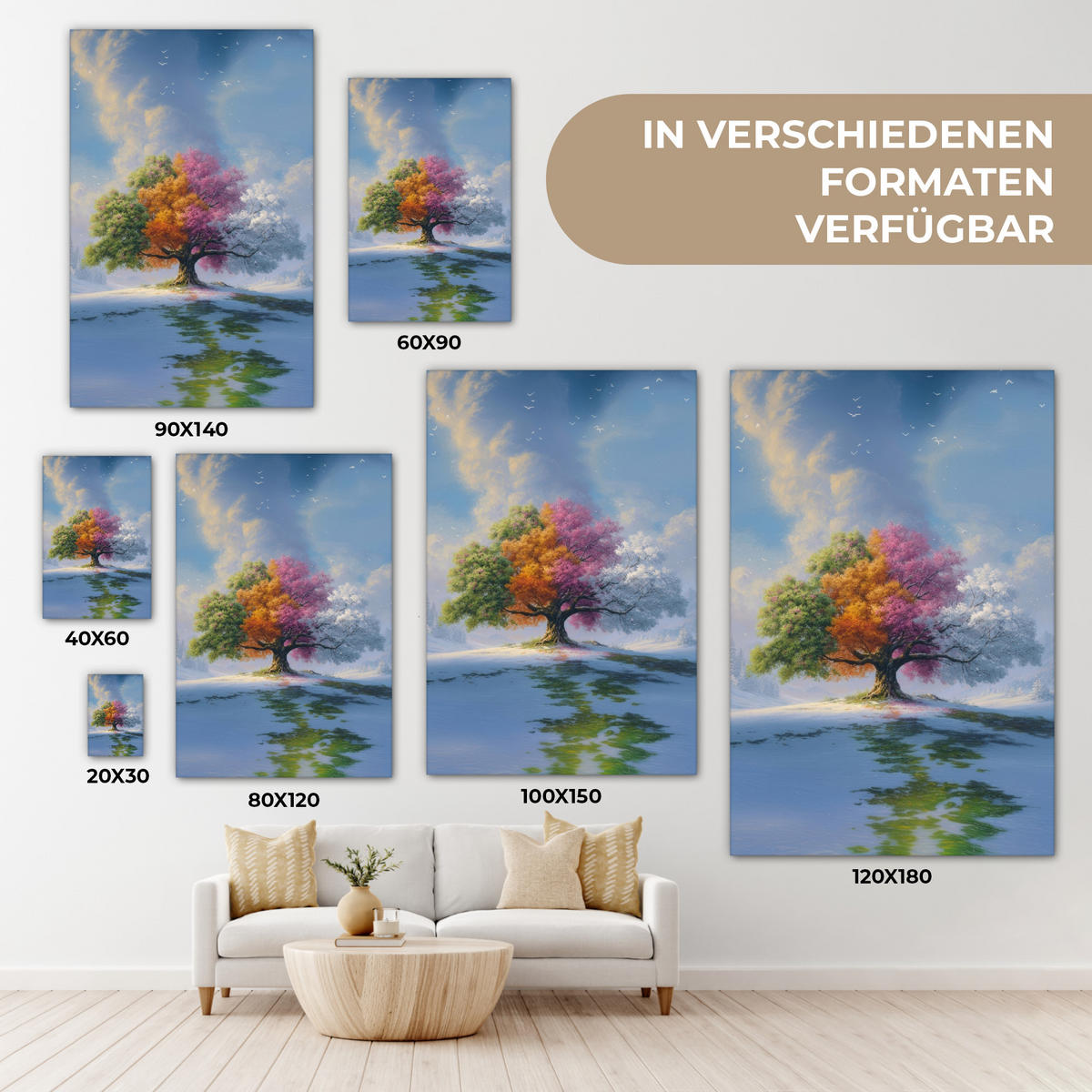 LEINWANDBILD Baum - Jahreszeiten - Winter - Landschaft Deko Groß 90x140 cm - Multicolor, Textil (90/140cm) - MuchoWow