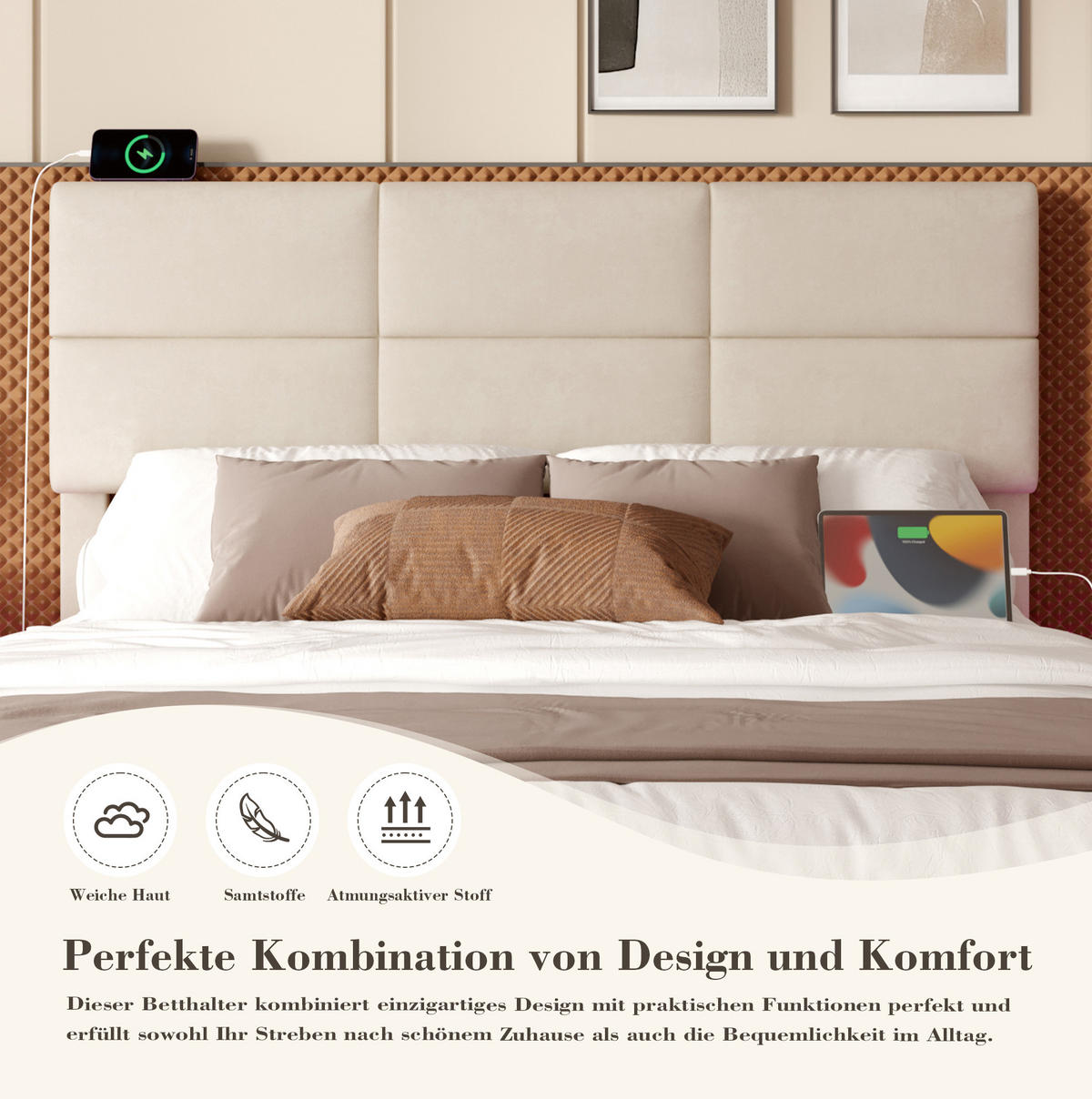 POLSTERBETT 180x200 cm in Beige mit LED-Beleuchtung, USB-Anschlüssen und Stauraum - Beige, Textil (180/200cm) - IVMEU
