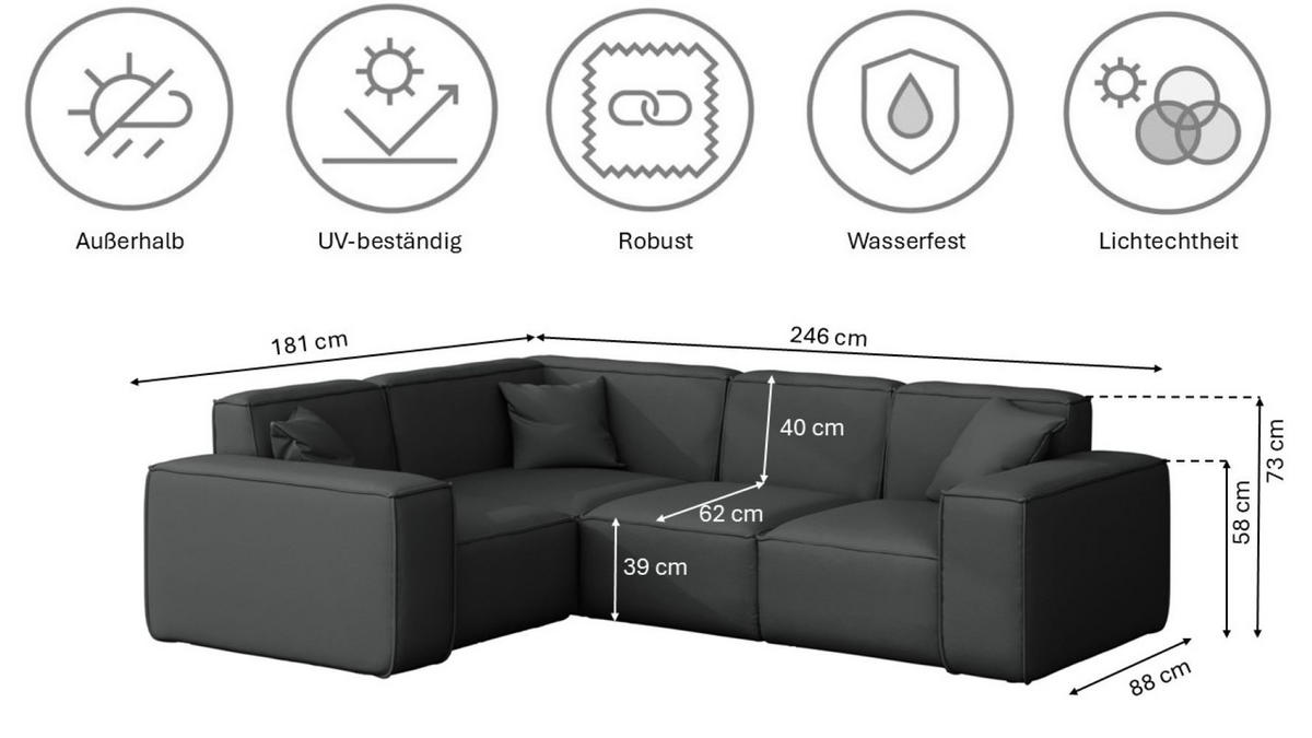 GARTENECKSOFA L-form MALIBU Stoff Odyssey Anthrazit Links - Anthrazit, Holz (181/73/246cm) - Kaiser Möbel