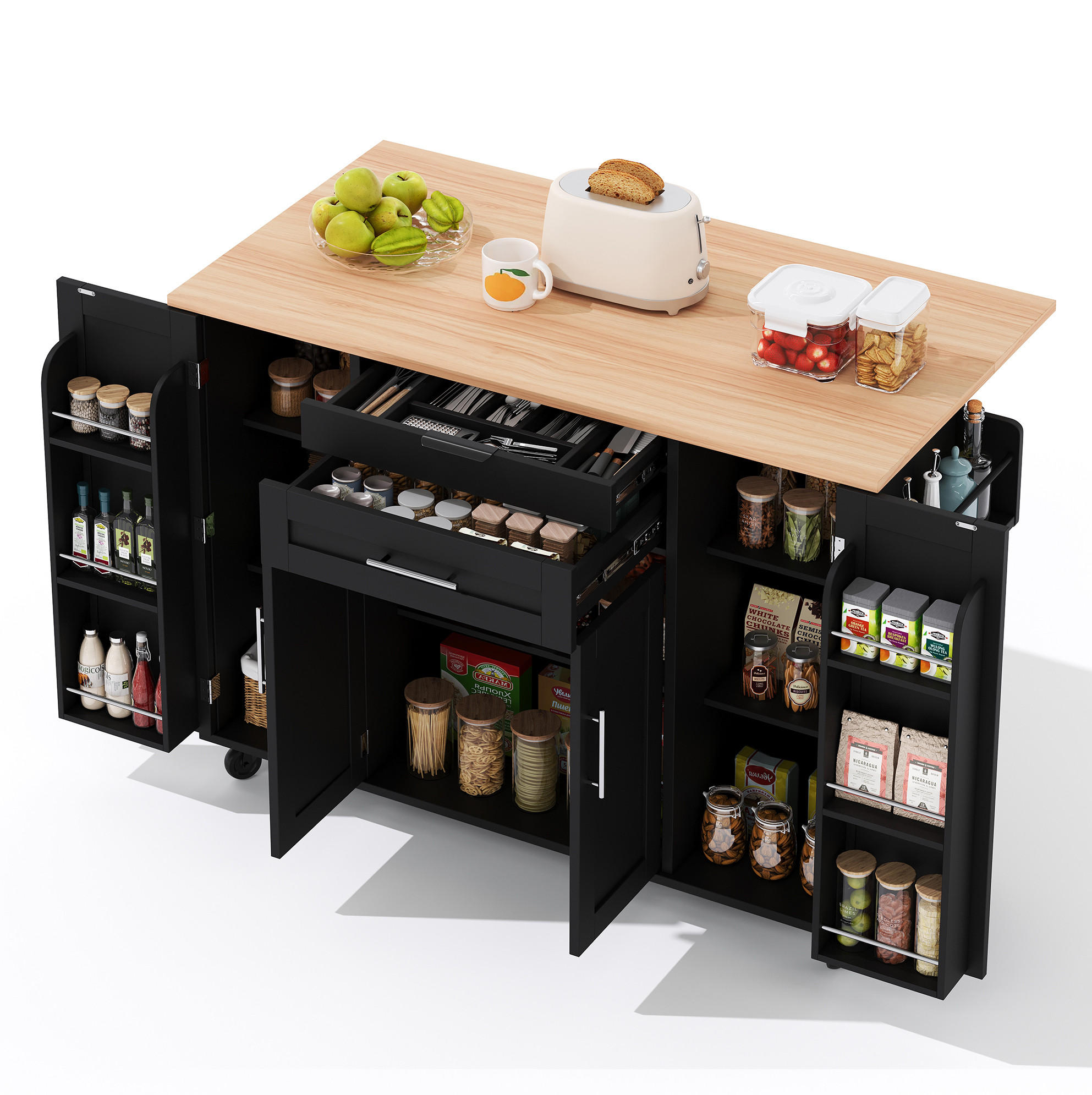 KÜCHENINSEL 136/70/92 cm aus MDF mit ausziehbarer Arbeitsplatte, Schubladen und Rollen, Schwarz/Natur - Schwarz, Holzwerkstoff (136/92/70cm) - Redom