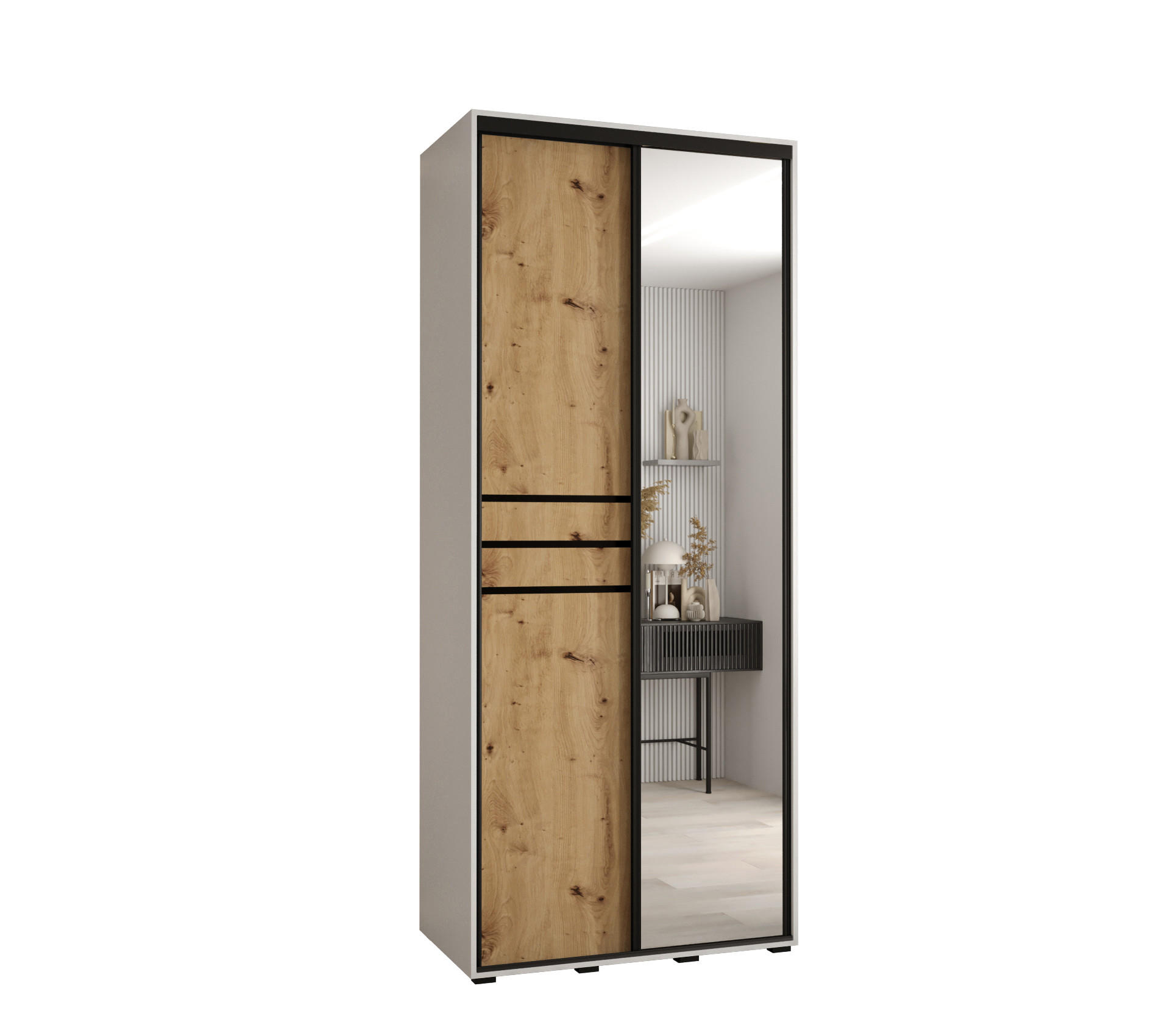 Abiks Möbel Schwebetürenschrank Weiß, Eiche Artisan, Schwarz 110x235x60 cm
