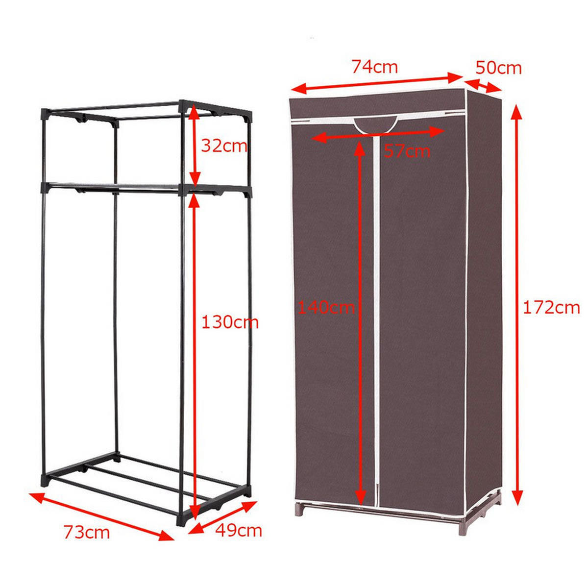STOFFKLEIDERSCHRANK mit Kleiderstange braun - Braun, Textil (74/172/50cm) - COSTWAY