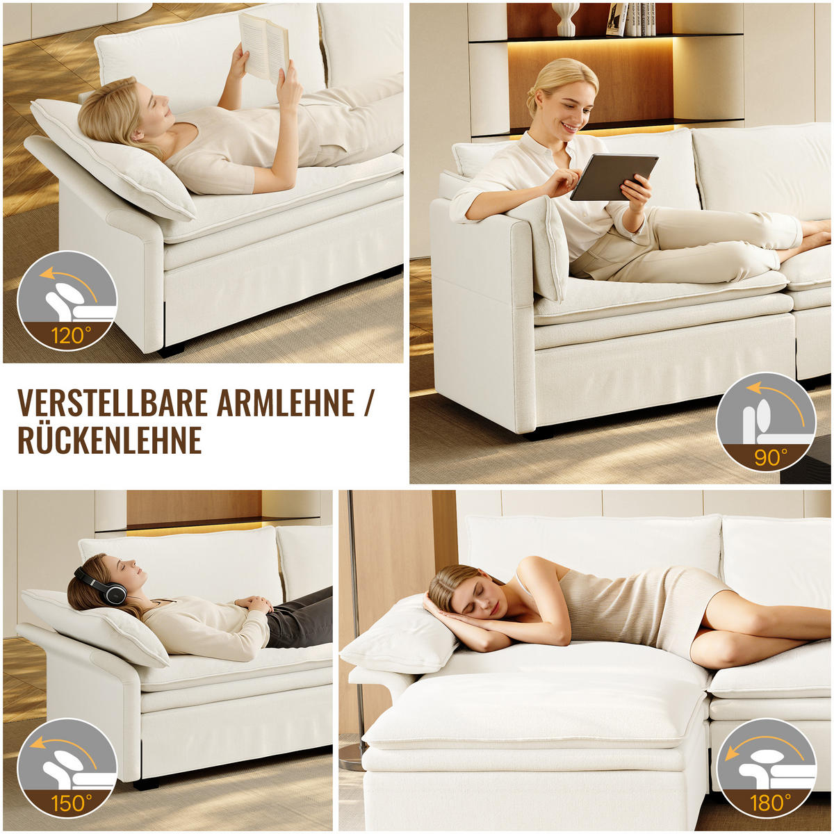 ECKSOFA 315/70/85 cm Beige mit Fußhocker, kabelloses Laden, Lautsprecher, Licht und 2 Getränkehalter - Beige, Textil (315/70cm) - Oxeza