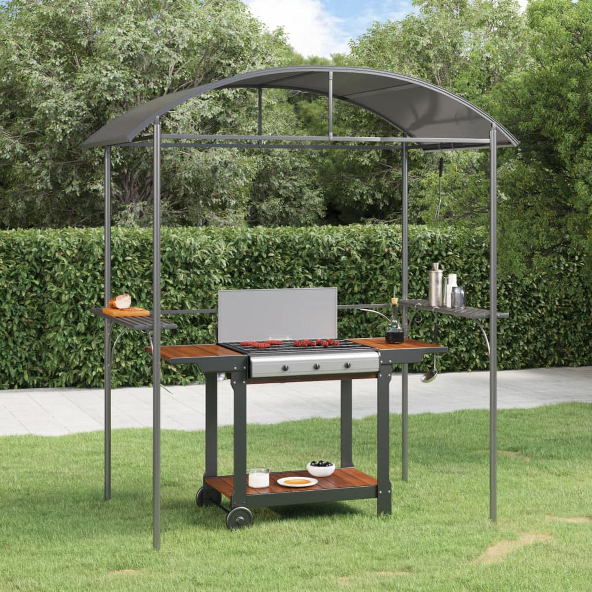 GRILLPAVILLON mit Seitenregalen, 220/115/230 cm, aus Stahl, Anthrazit - Anthrazit, Metall (220/230/115cm) - vidaXL