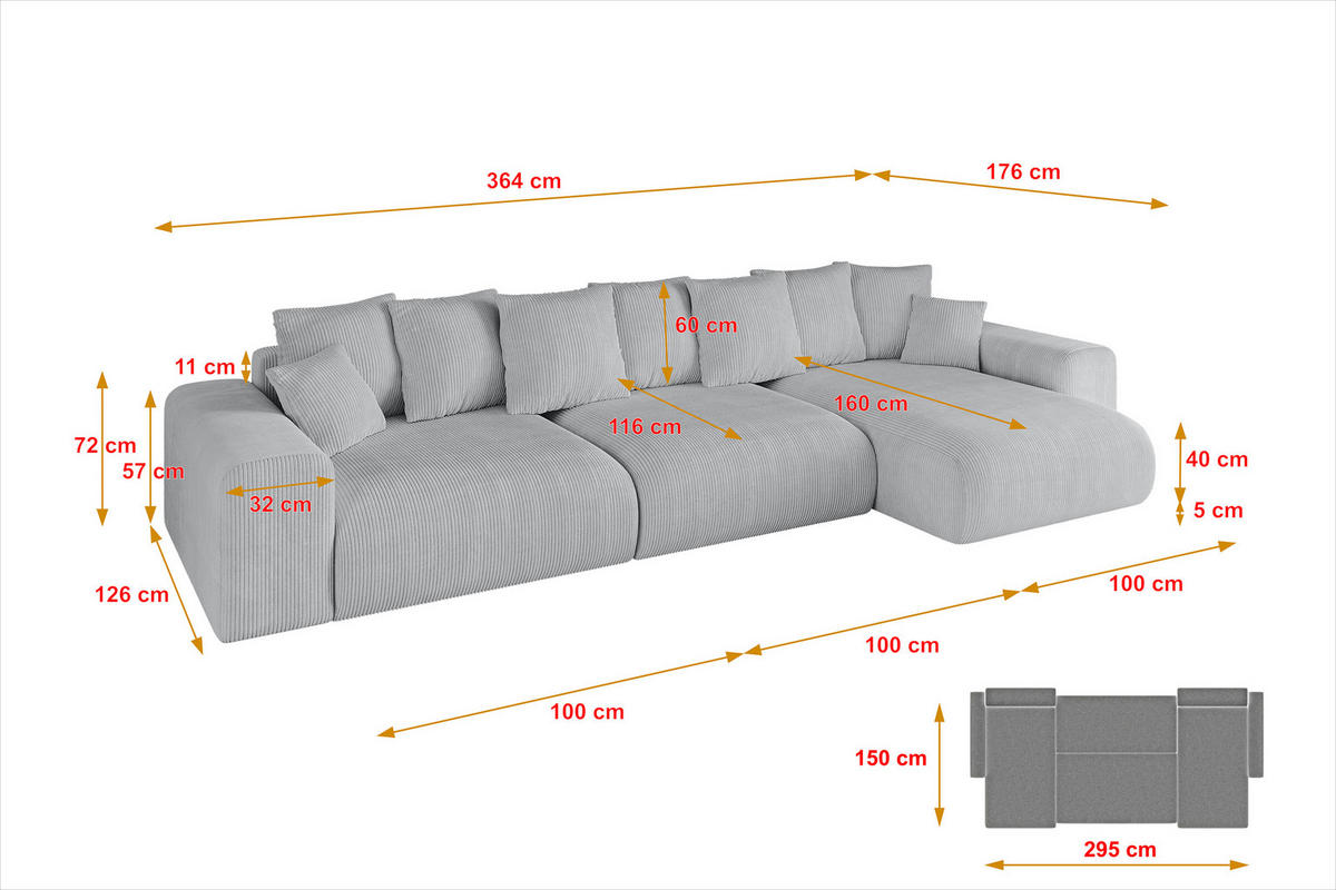 ECKSOFA Ottomane rechts ESKAR-L2 364x176x72 Grau Cord - Schwarz/Grau, Holzwerkstoff/Kunststoff (176/364cm) - ALTDECOR