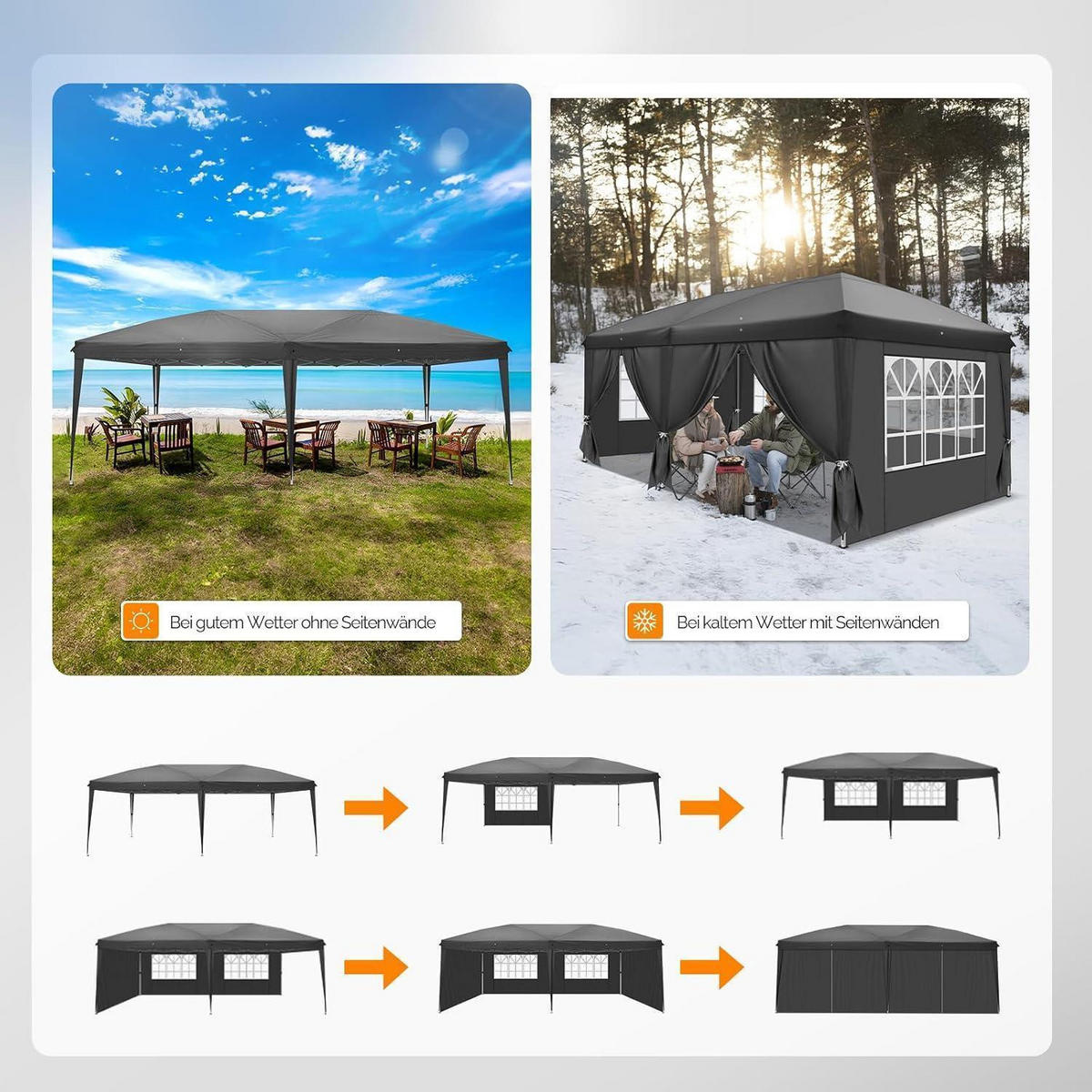 FALTPAVILLON 3 x 6 m Grau mit 6 Seitenteilen - Grau, Metall (300/268/600cm)