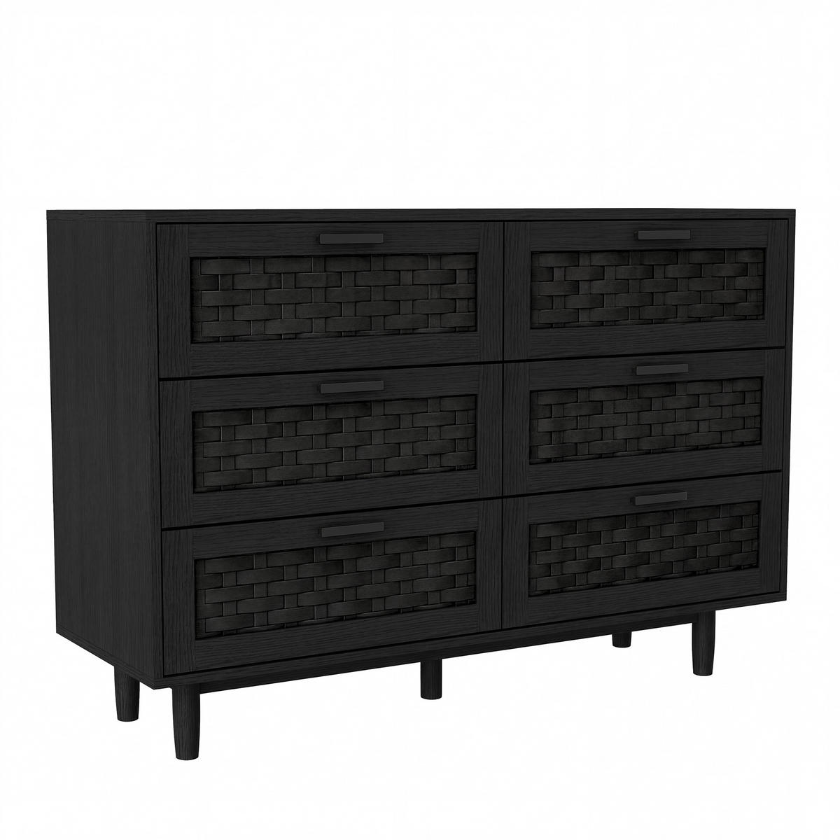 SIDEBOARD 115x40x80 cm Rattan 6 Schubladen schwarz - Schwarz, Holz (115/80/40cm) - LEBENLANG