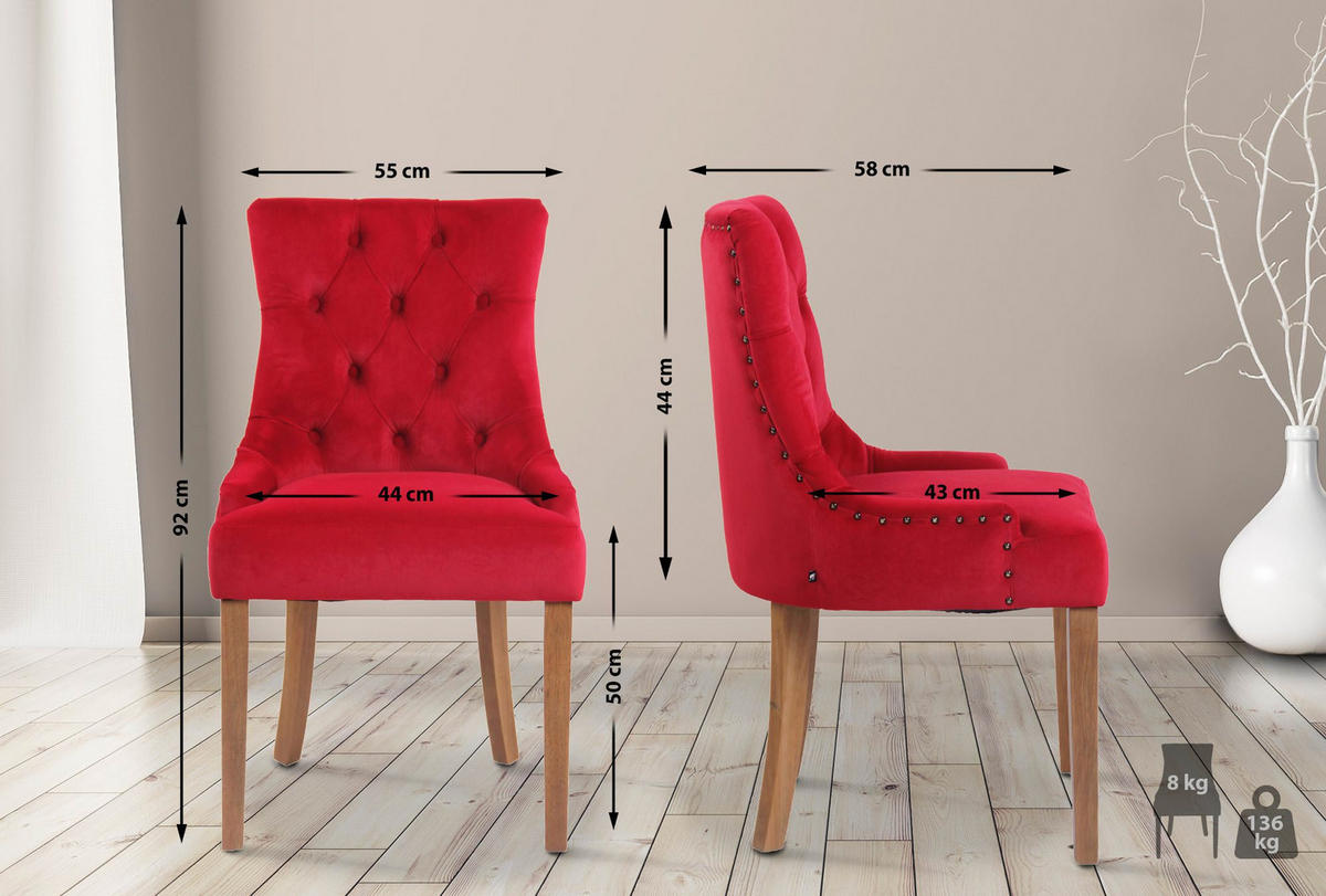 STUHL Samt rot - Rot/Naturfarben, Holz/Textil (55/92/58cm) - CLP