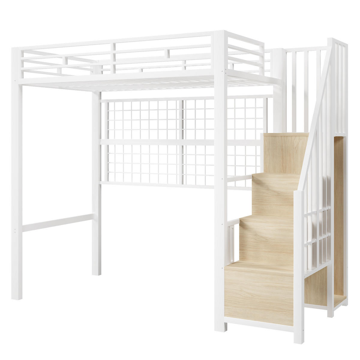 HOCHBETT 90/200 cm aus Metall/MDF mit Stauraumleiter, Kleiderschrank und 7-Farben-LED Weiß - Weiß, Metall (90/200cm) - Modenvie