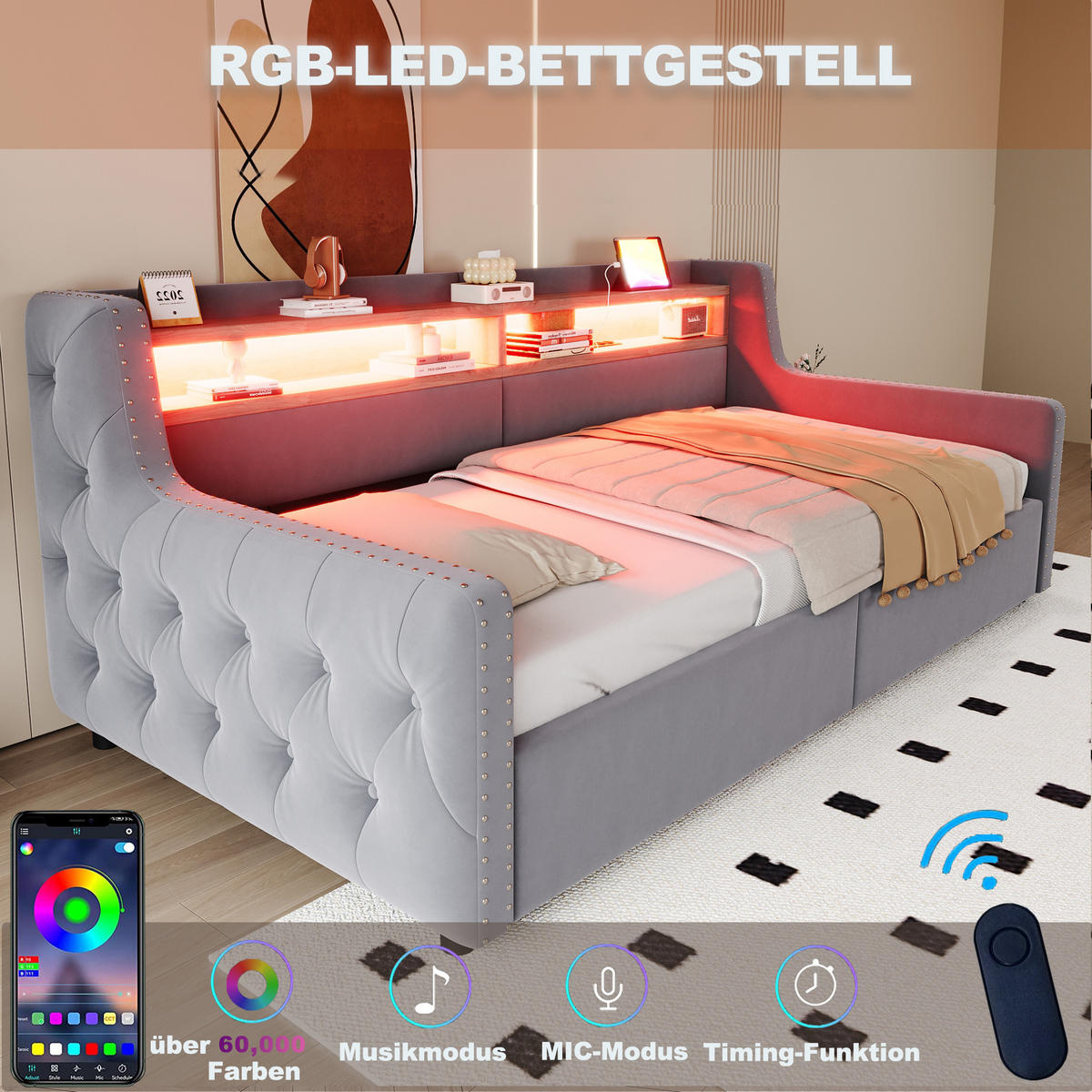 POLSTERBETT 90x200 cm LED USB Stauraum hellgrau - Hellgrau, Textil (90/200cm) - LEBENLANG