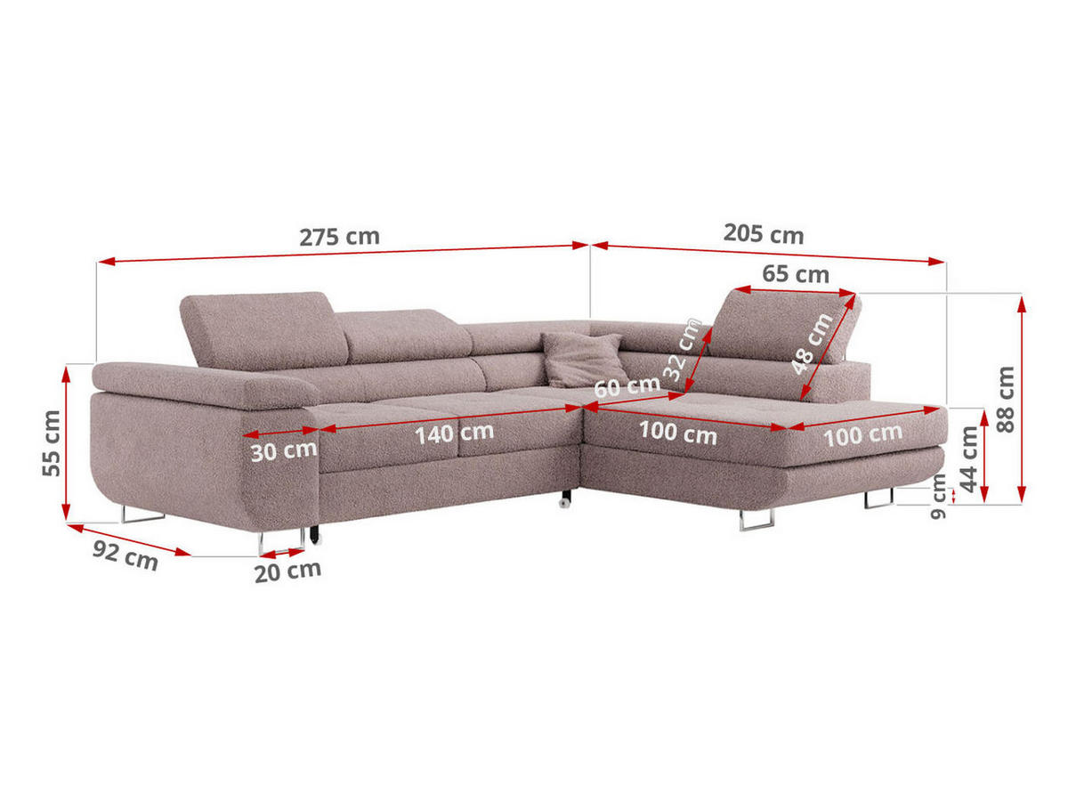 ROHOVÁ SEDAČKA GUSTAW L - Světle růžová Bouclé - Pravá Strana - stříbrná/světle růžová, kov/textil (205/275cm) - MKS
