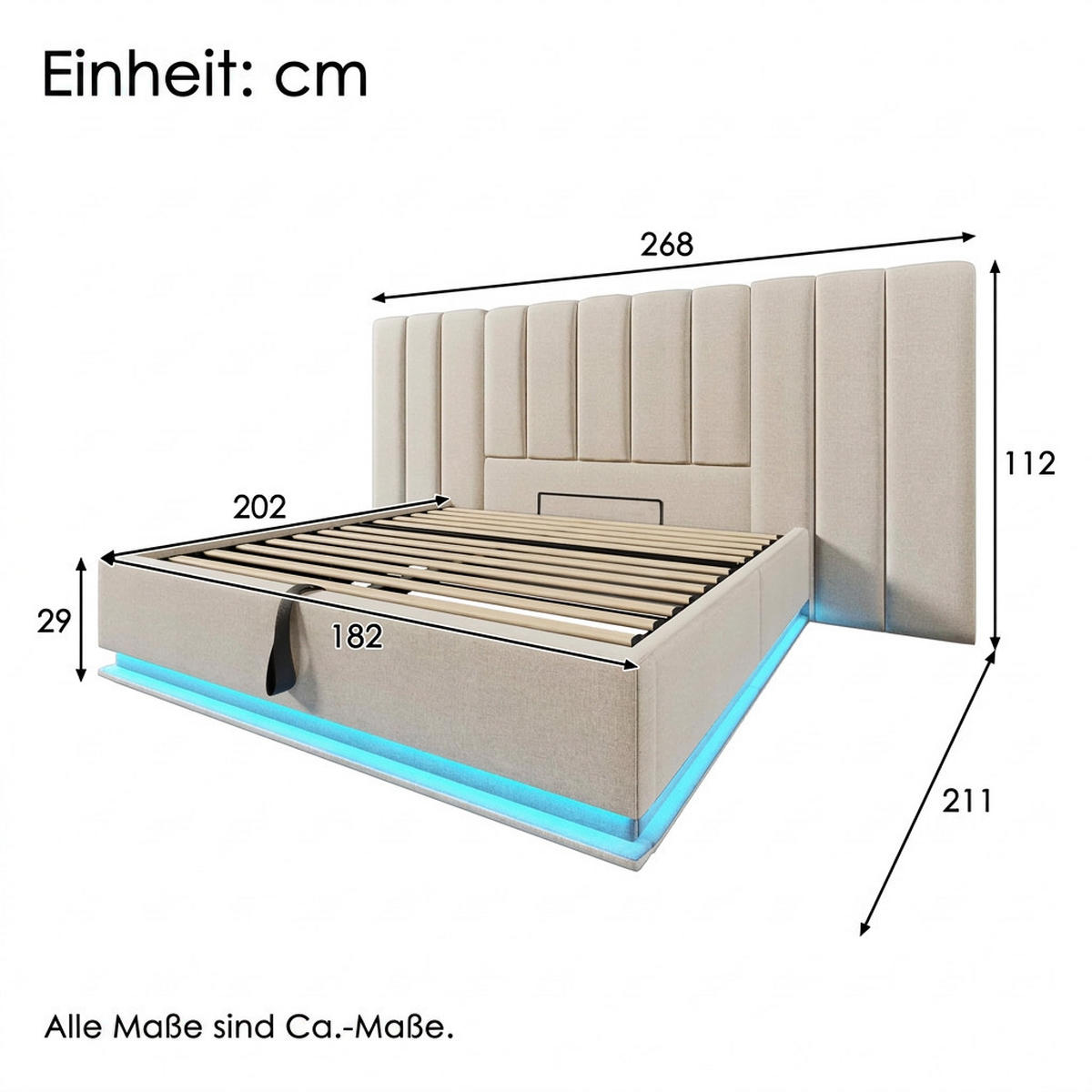 POLSTERBETT 180/200 cm Beige mit App Control LED und USB-C Ladefunktion, Ohne Matratze und Nachttisch - Beige, Textil (180/200cm) - Oxeza