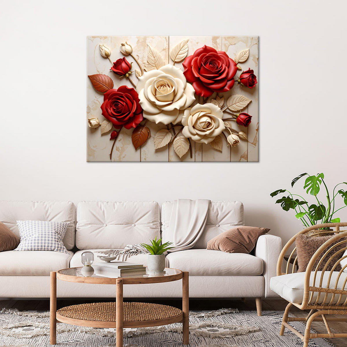 WANDBILD, Rote und weiße Rosen 3D - Rot, Textil (30/20cm) - Feeby