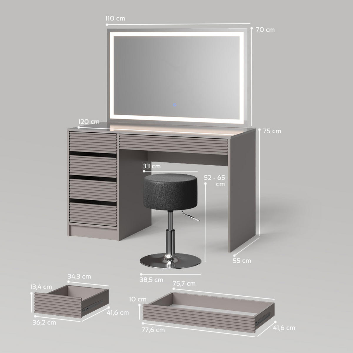 SCHMINKTISCH Imola Cashmere mit LED-Spiegel und Hocker - Kaschmir, Holzwerkstoff (120/75/55cm) - Livinity®