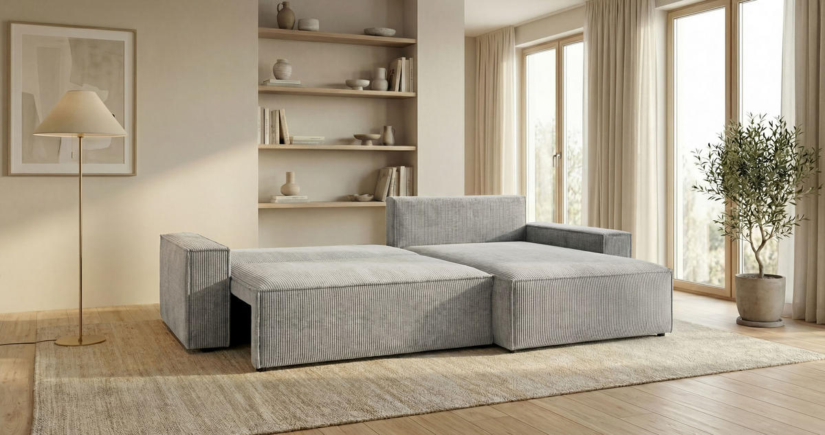 ECKSOFA VIENNA rechts grau Cord Poso 55 - Schlaffunktion, Bettkasten - Grau, Textil (285/184cm) - Cornero