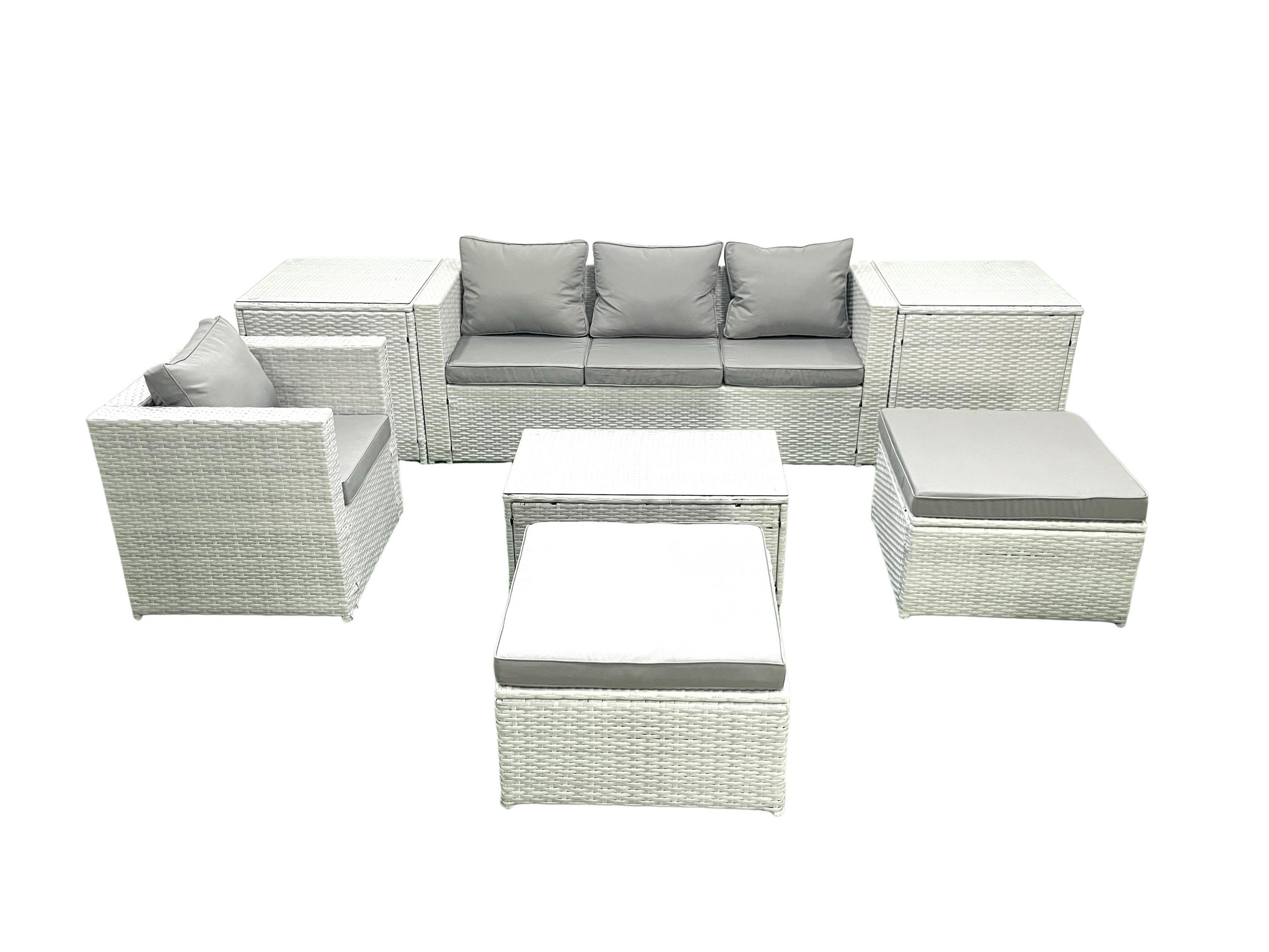 GARTENSET mit 3-SITZER SOFA,COUCHTISCH Polyrattan Hellgrau-Mix 6-Sitzer - Hellgrau/Grau, Glas/Kunststoff - Fimous