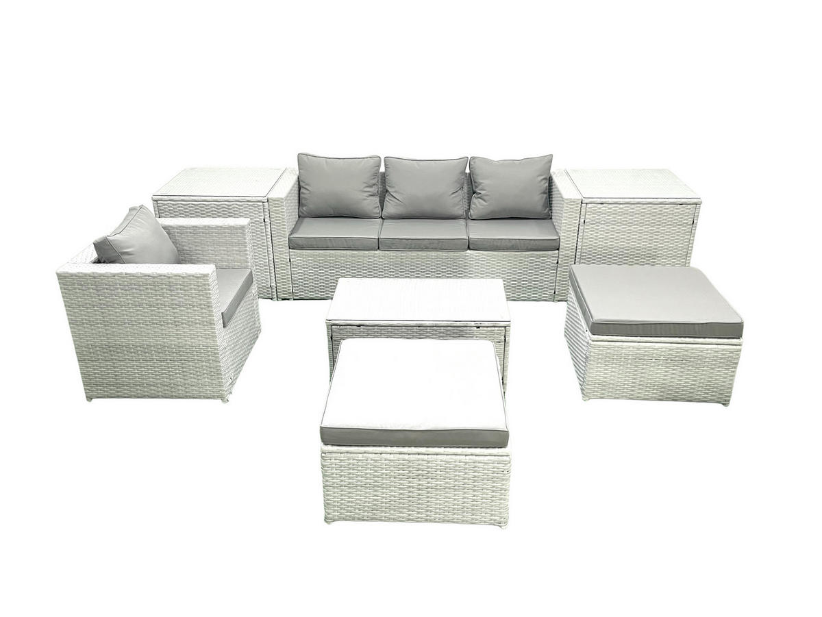 GARTENSET mit 3-SITZER SOFA,COUCHTISCH Polyrattan Hellgrau-Mix 6-Sitzer - Hellgrau/Grau, Glas/Kunststoff - Fimous