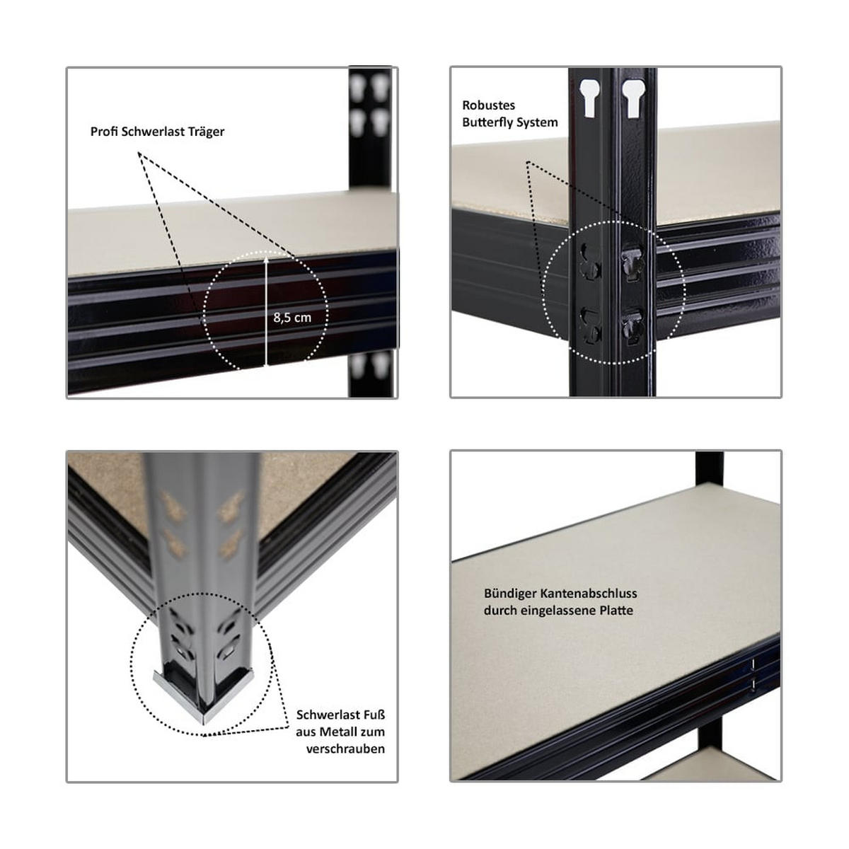 SCHWERLASTREGAL Rhino 200x200x60 cm 4 Spanplatten-Ebenen 8mm Fachlast 500 kg Schwarz - Schwarz, Metall (200/200/60cm) - PROREGAL