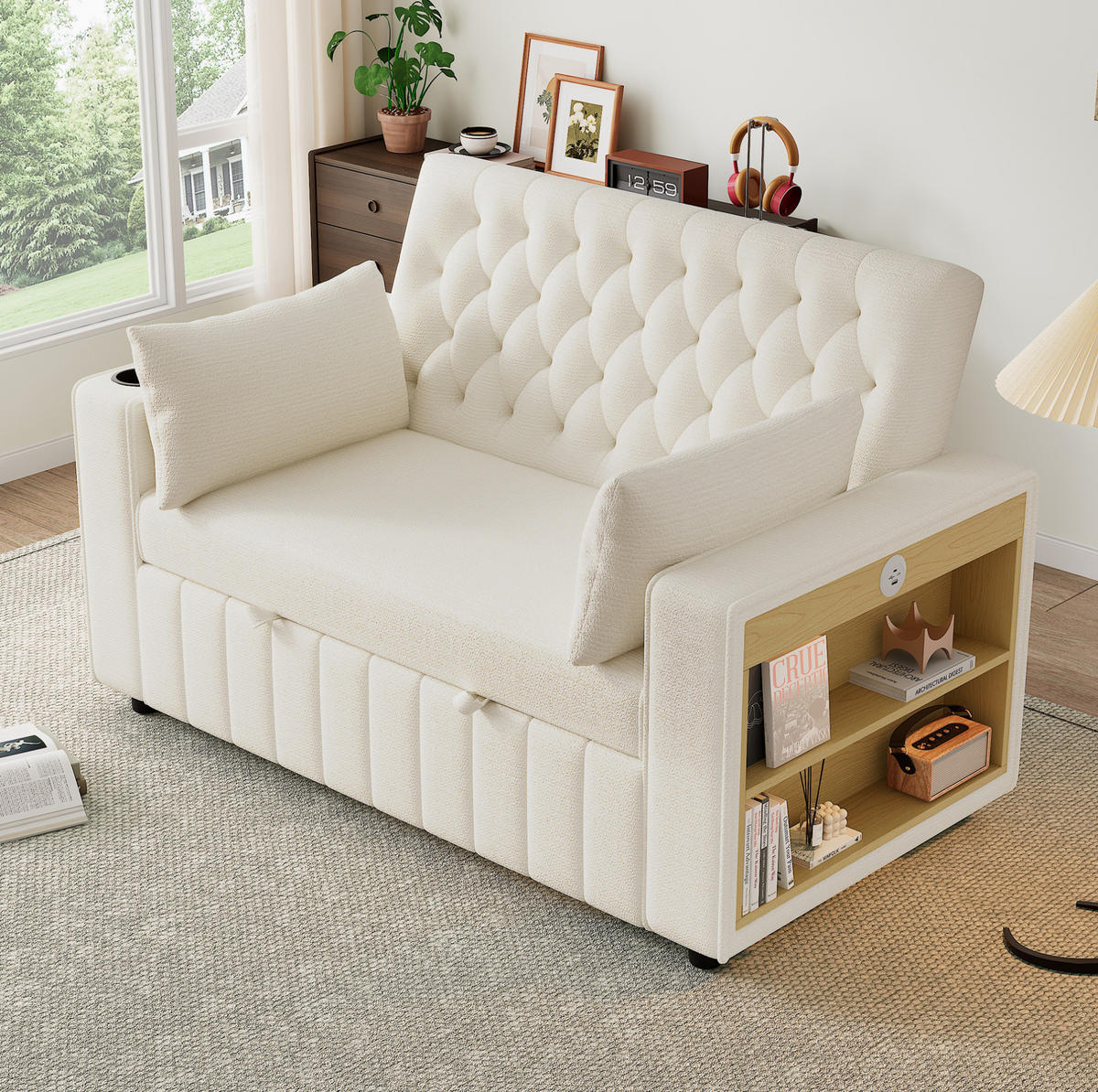 SCHLAFSOFA aus Chenille 140x137x84 cm Beige mit Schlaffunktion, USB-Anschluss, Getränkehalter und 3-fach verstellbarer Rückenlehne - Beige, Textil (137/84/140cm) - Modfu