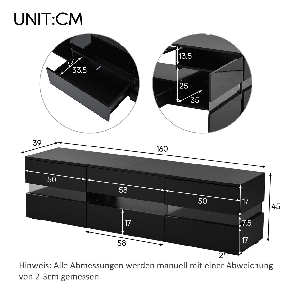 TV-LOWBOARD 160x39x45 cm Schwarz LED 2 Türen 1 Schublade - Schwarz, Holzwerkstoff (39/45/160cm) - FLIEKS