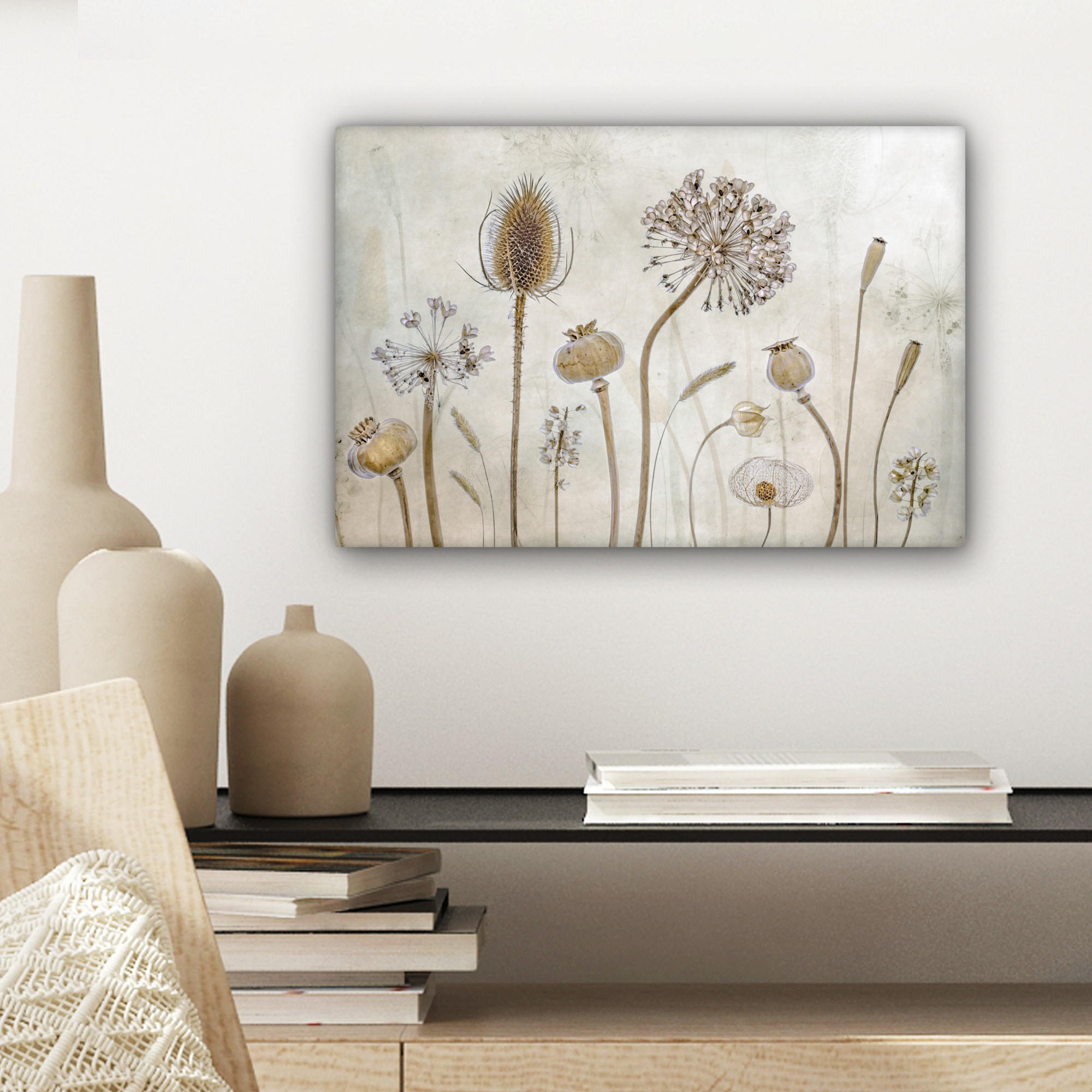 LEINWANDBILD Blumen - Aquarell - Stilleben - Braun - Vintage 30x20 cm - Beige, Textil (30/20cm) - MuchoWow