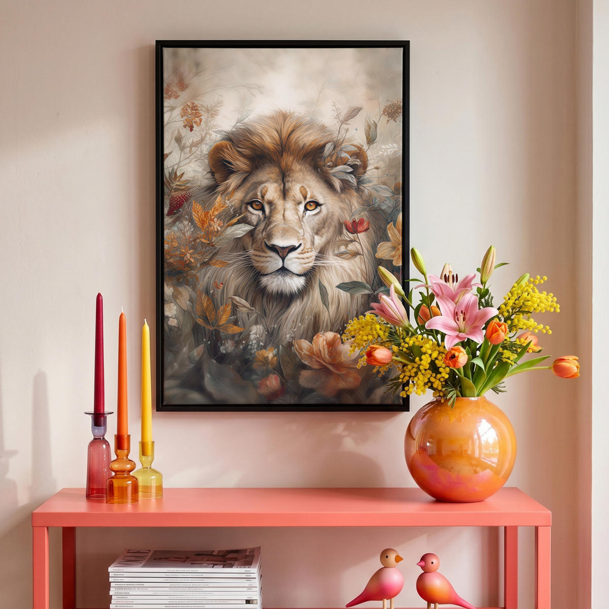 LEINWAND Bilder mit Rahmen - Löwe - Wildtiere - Pflanzen - Natur - Blumen - 40x60 - Beige, Textil (40/60cm) - MuchoWow