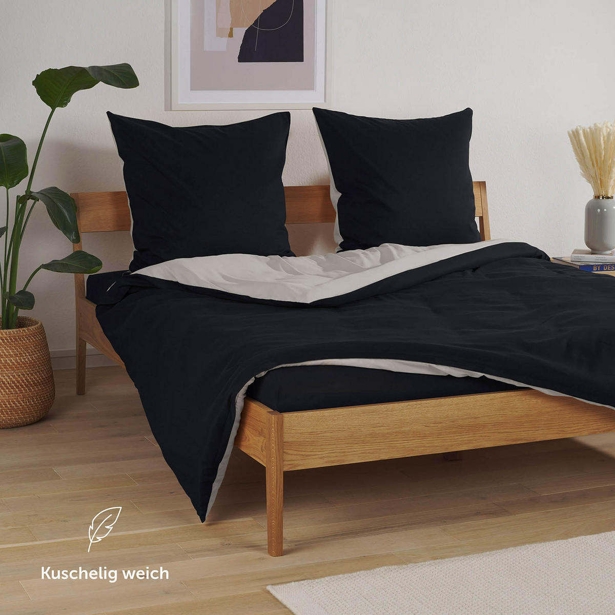 WENDEBETTWÄSCHE Ebba 2 mal 135/200 cm 2 mal 80/80 cm, Schwarz und Hellgrau - Hellgrau/Schwarz, Textil (135/200cm) - Blumtal