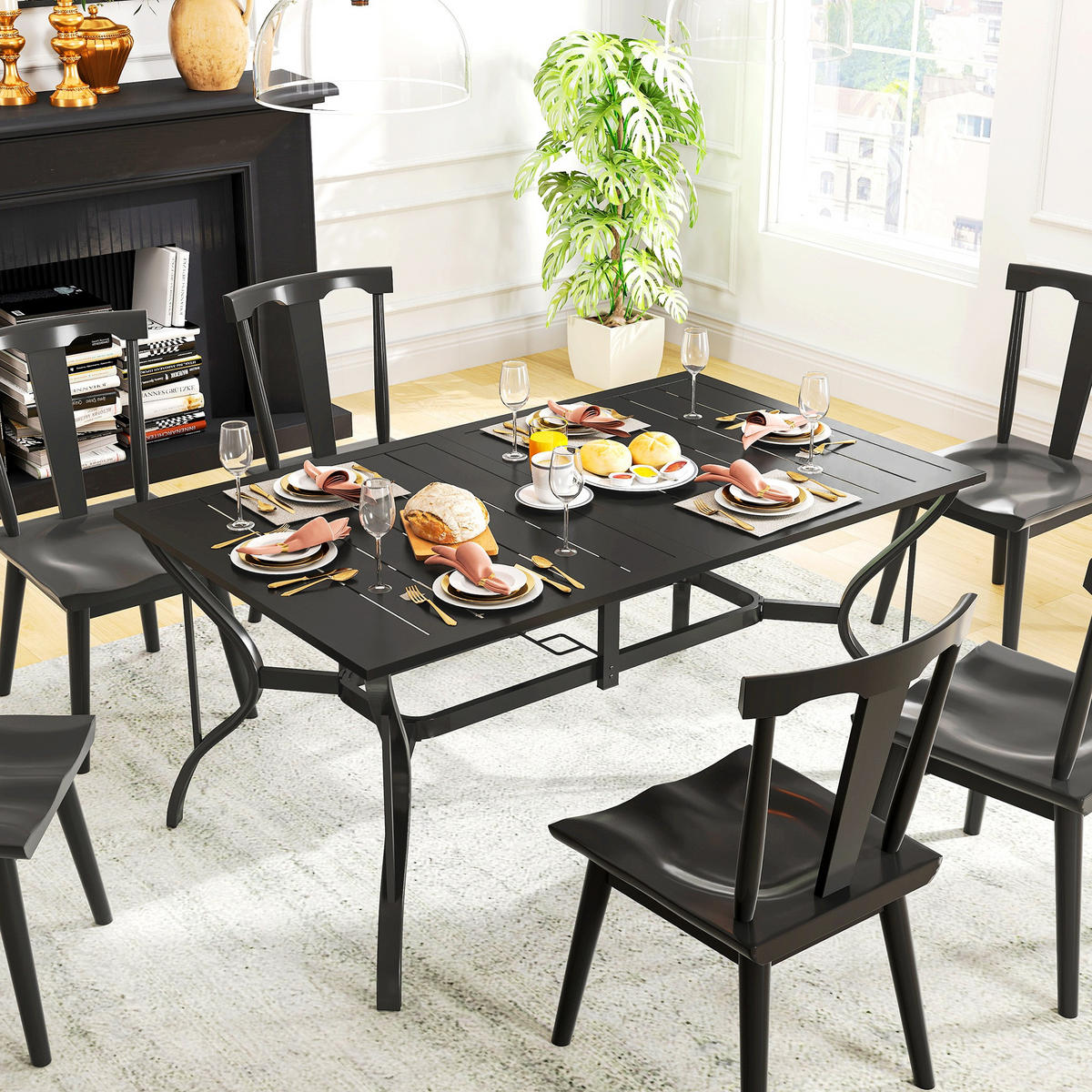GARTENTISCH DE-07368 mit Schirmloch und Lamellen-Design für 6 Personen Schwarz - Schwarz, Metall (150/90/73cm) - ComfortXL