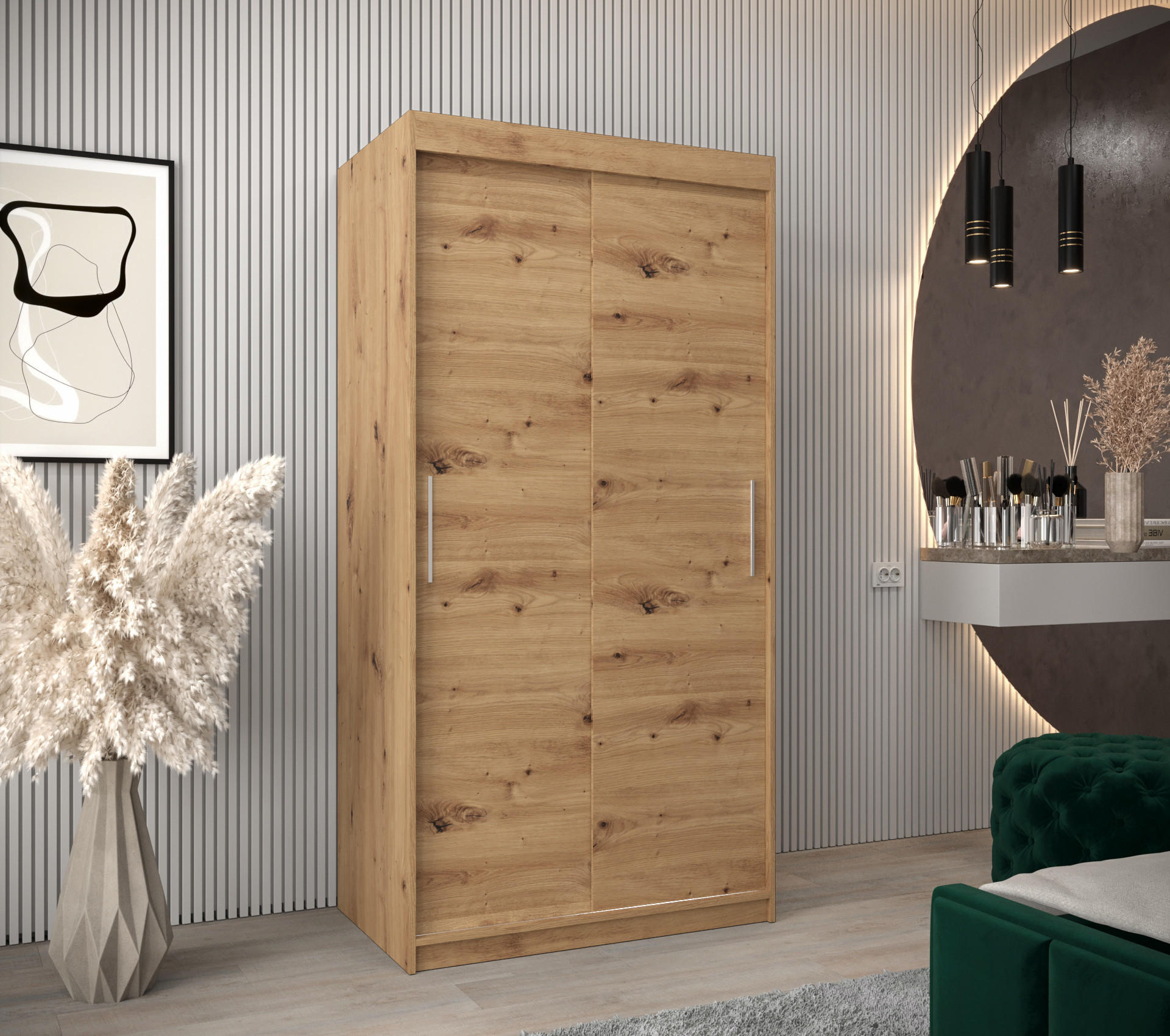 SCHWEBETÜRENSCHRANK 200/100/62 2-türig - Silberfarben/Eiche Artisan, Holz/Kunststoff (100/200/62cm) - MÖBEL KRYSPOL