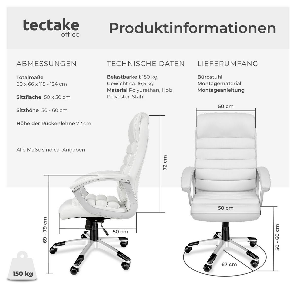 BÜROSTUHL Paul,einstellbare Wippfunktion,weiß - Weiß, Textil (66/124/60cm) - tectake