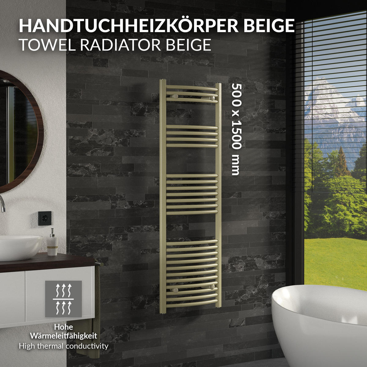 HANDTUCHHEIZKÖRPER 500 x 1500 mm Beige Badheizkörper gebogen mit Seitenanschluss - Beige, Metall (50/150/3cm) - LuxeBath