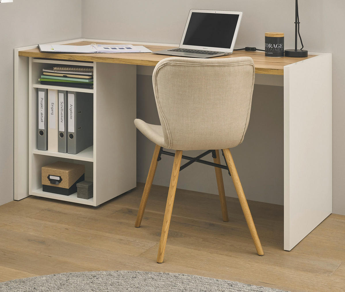SCHREIBTISCHKOMBINATION 2-teilig weiß matt, Eiche Wotan 143 cm, Büromöbel Set mit Bürocontainer - Silberfarben/Eiche Wotan, Holzwerkstoff/Kunststoff (62/143/76cm) - Furn.Design