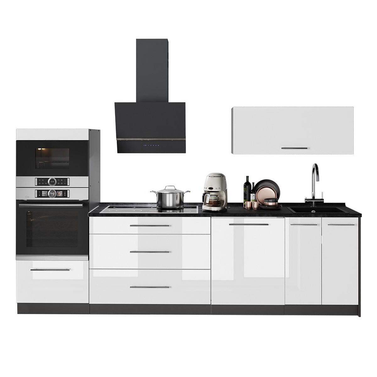 KÜCHENZEILE Fame-Line, Weiß Hochglanz/Anthrazit, 280 cm ohne Arbeitsplatte - Weiß Hochglanz/Anthrazit, Holzwerkstoff (280/153.6/51.6cm) - Vicco