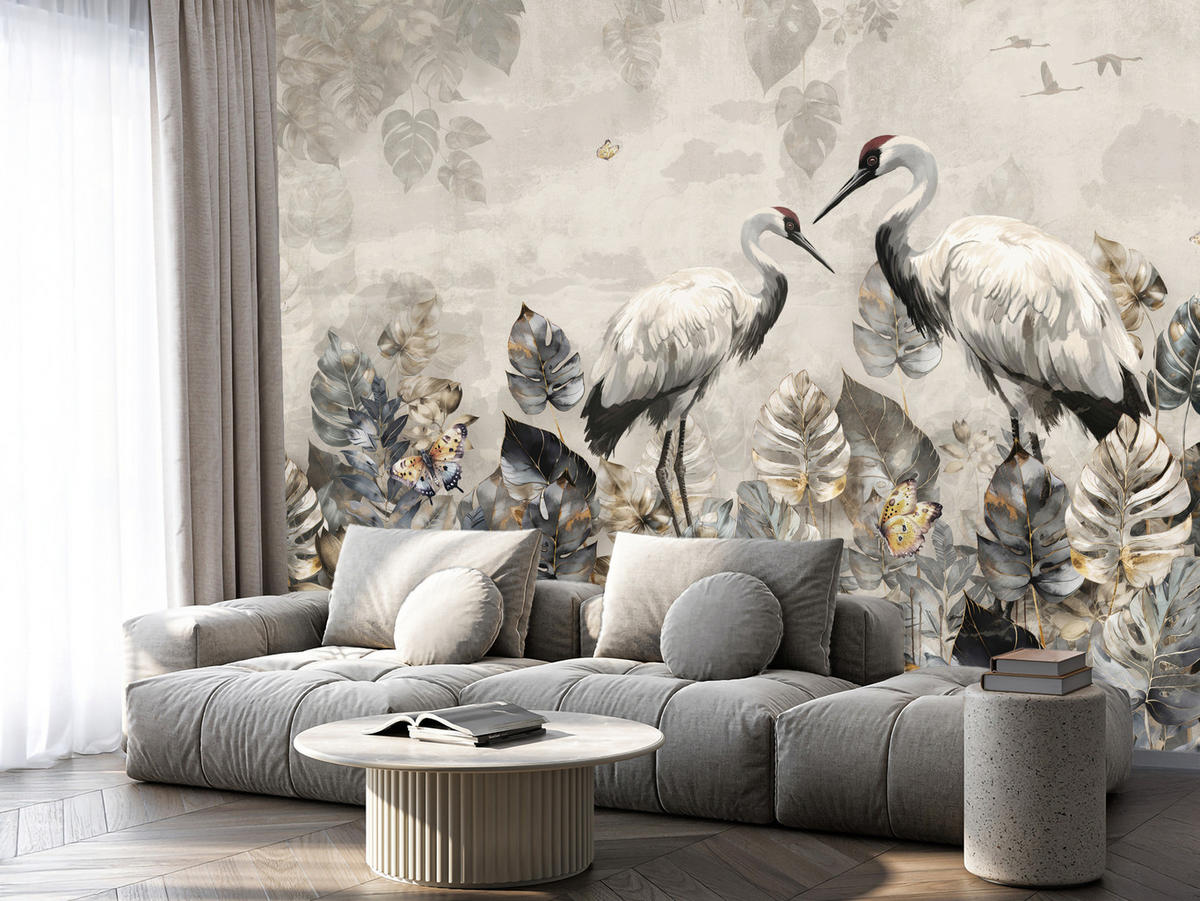 FOTOTAPETE für Wohnzimmer Kraniche Abstrakten Blättern Retro Natur 350x256 - Grau, Papier (350/256cm) - Muralo