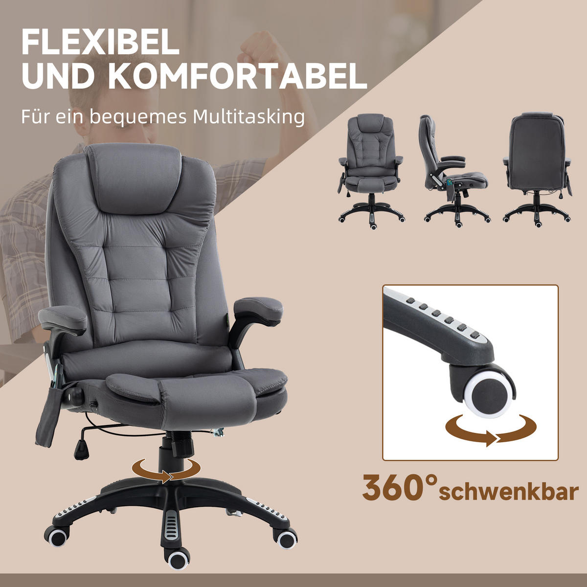 MASSAGE-BÜROSTUHL mit Wippfunktion, Schreibtischstuhl mit Heizfunktion, Grau - Dunkelgrau/Schwarz, Kunststoff/Textil (74/116/67cm) - Vinsetto