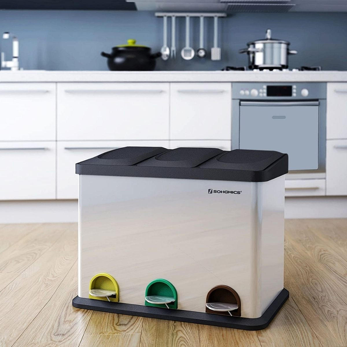 ABFALLEIMER mit 3 Behältern 45L mit Pedal silbergrau - Silberfarben, Metall (33/48/64cm) - Calicosy