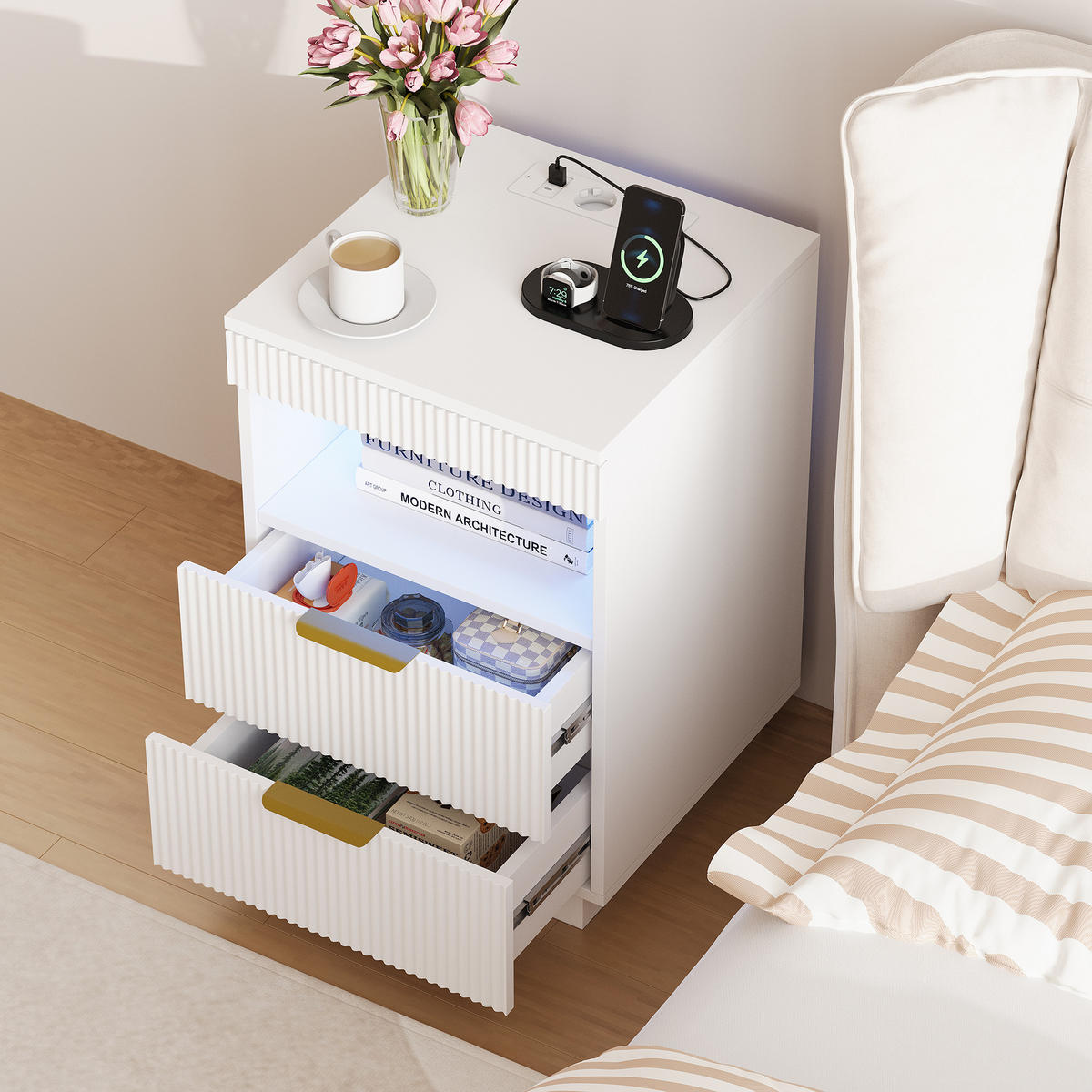 NACHTSHRANK Weiß mit LED-Beleuchtung, Steckdose, USB & Type-C, Nachttisch mit 2 Schubladen, 40/40/60 cm - Goldfarben/Weiß, Holz/Metall (40/60/40cm) - BPKADHY